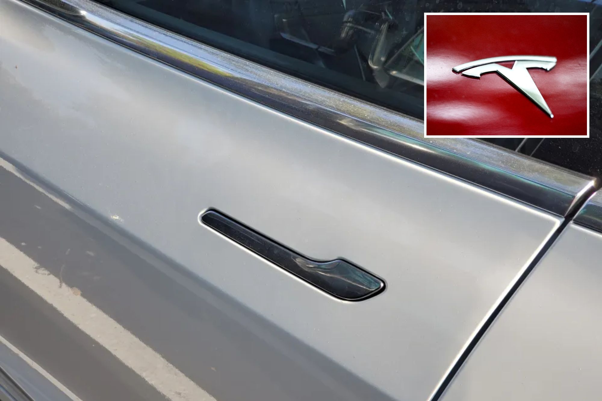 An image collage containing 2 images, Image 1 shows Tesla Door Handle, Image 2 shows POLAND-US-AUTOMOBILE-TESLA