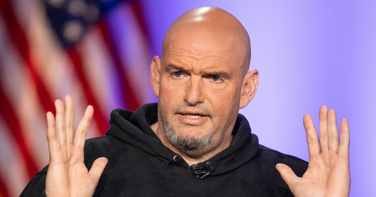 U.S. Senator John Fetterman speaks during a segment on Fox News in Boston, Massachusetts, on June 2, 2025.
