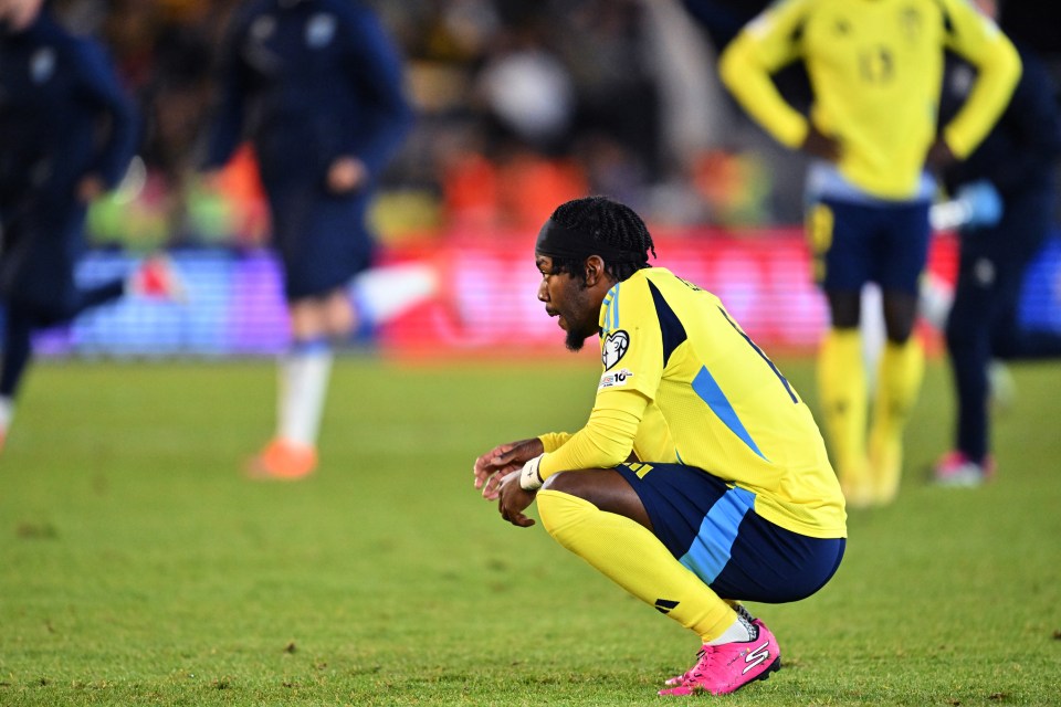 Sweden's Anthony Elanga dejects after a loss during a World Cup qualifying match.
