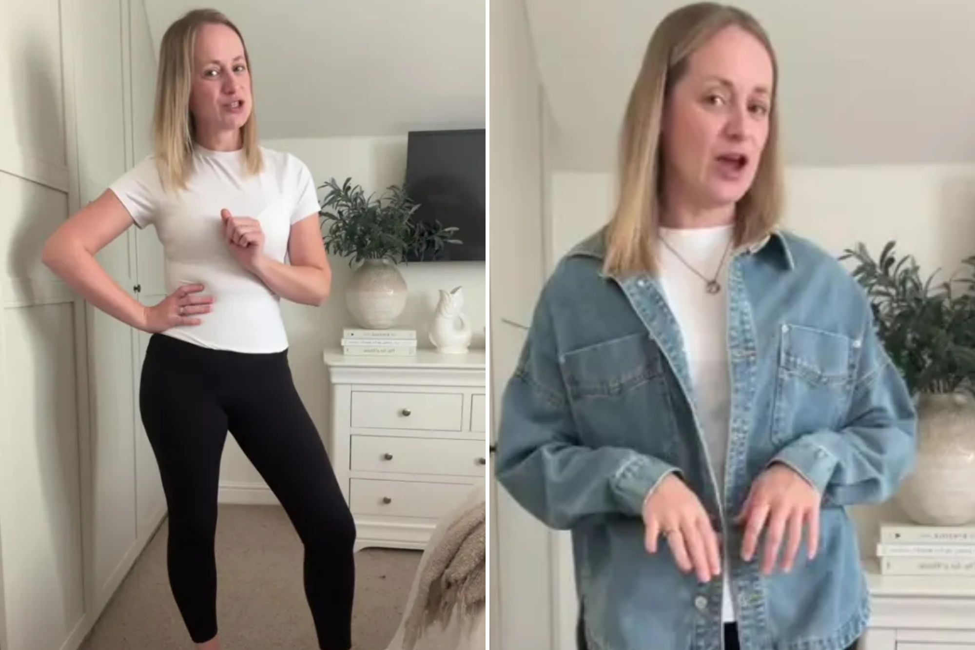 An image collage containing 2 images, Image 1 shows Woman wearing a white shirt and black leggings with sneakers, Image 2 shows A woman in a blue denim jacket over a white t-shirt and black leggings with white socks and sneakers