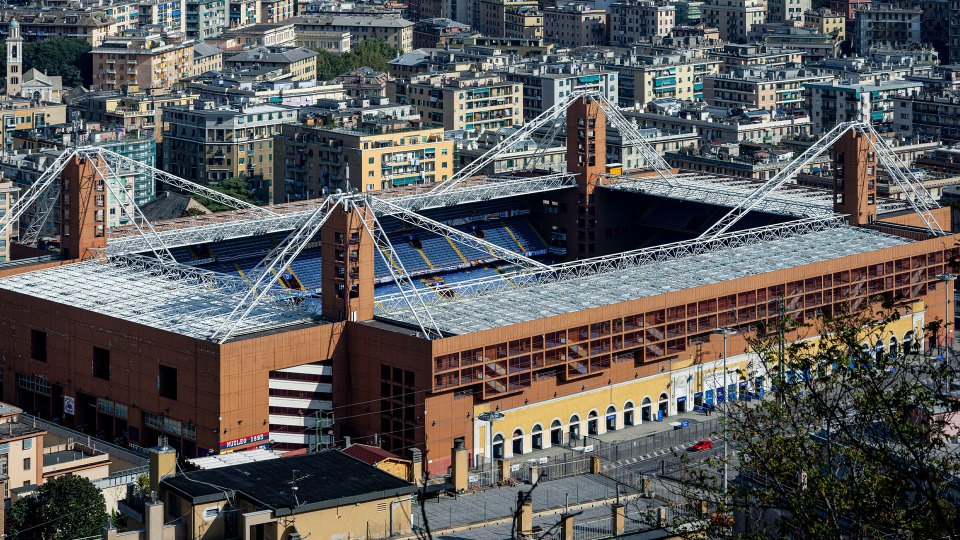 Aerial view of Stadio Luigi Ferraris in Genoa, Italy, surrounded by buildings.