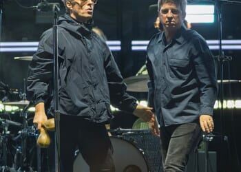 Britpop legends Liam, 53, (left) and Noel Gallagher, 58, (right) kicked off the Australian leg of their world tour with a literal bang on Friday night