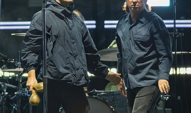 Britpop legends Liam, 53, (left) and Noel Gallagher, 58, (right) kicked off the Australian leg of their world tour with a literal bang on Friday night