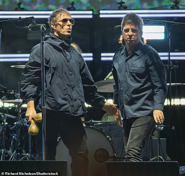 Britpop legends Liam, 53, (left) and Noel Gallagher, 58, (right) kicked off the Australian leg of their world tour with a literal bang on Friday night