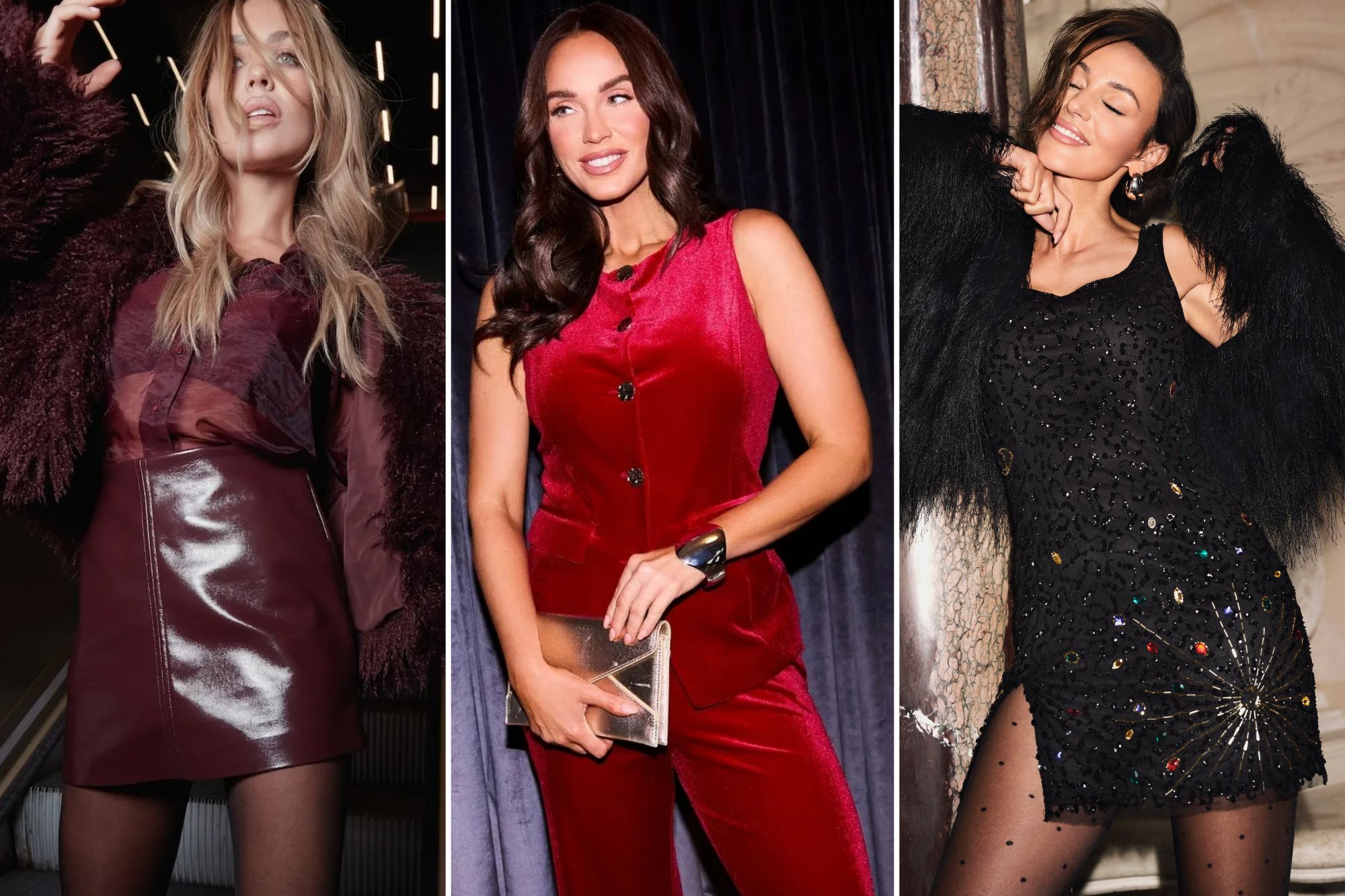 An image collage containing 3 images, Image 1 shows A woman in a burgundy faux fur coat and glossy burgundy skirt, Image 2 shows Woman in a red velvet sleeveless top and matching pants, holding a gold clutch, Image 3 shows A woman in a black sequined dress with colorful gems and a feathered jacket stands with her eyes closed