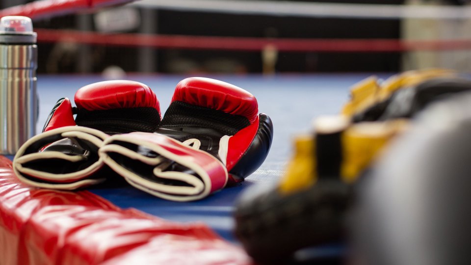 Red boxing gloves on a blue mat inside a boxing ring.