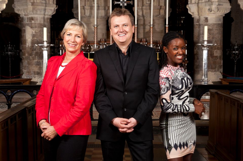 Pam Rhodes, Aled Jones, and Diane-Louise Jordan, presenters for the BBC program Songs of Praise.