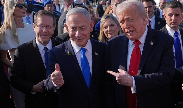 Donald Trump with Israel PM Benjamin Netanyahu after declaring the Gaza war is over