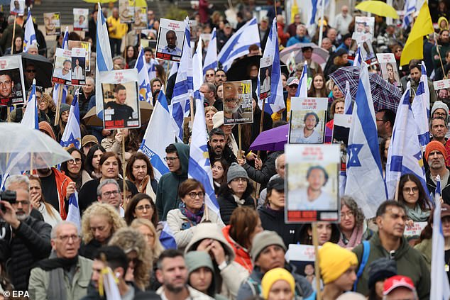 Israel will release 250 of the worst extremists serving life, along with 1,700 Palestinians captured since the October 7 attack, in exchange for 48 Israeli hostages. Pictured: Israelis previously gathered in Tel Aviv in February to watch Hamas hand over hostages taken to Gaza