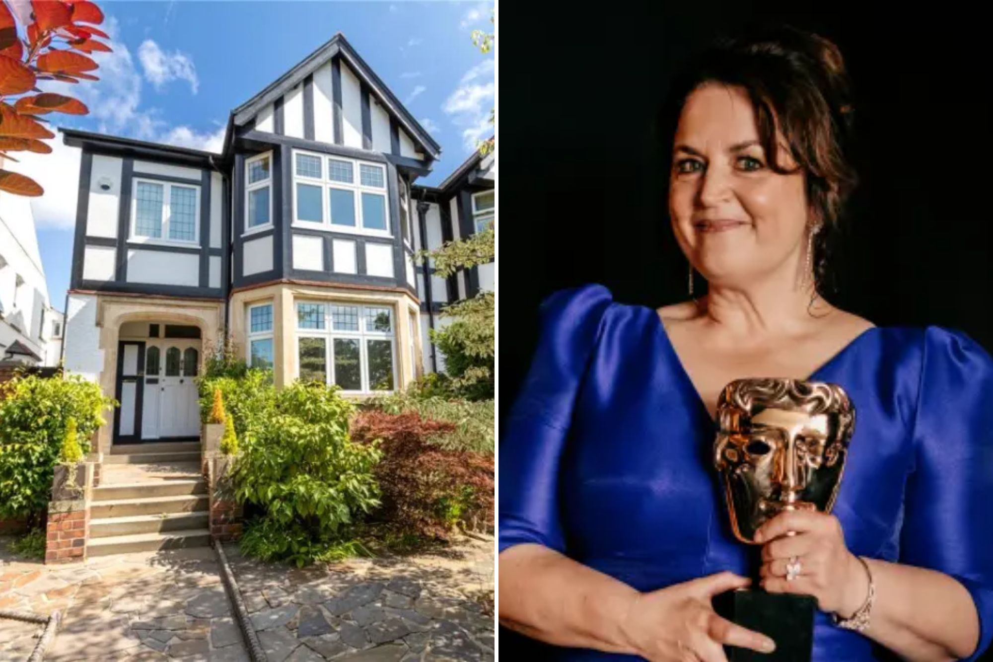 An image collage containing 2 images, Image 1 shows Ruth Jones' mock Tudor house overlooking Roath Park in Cardiff, Image 2 shows Ruth Jones backstage during the 2025 BAFTA Television Awards