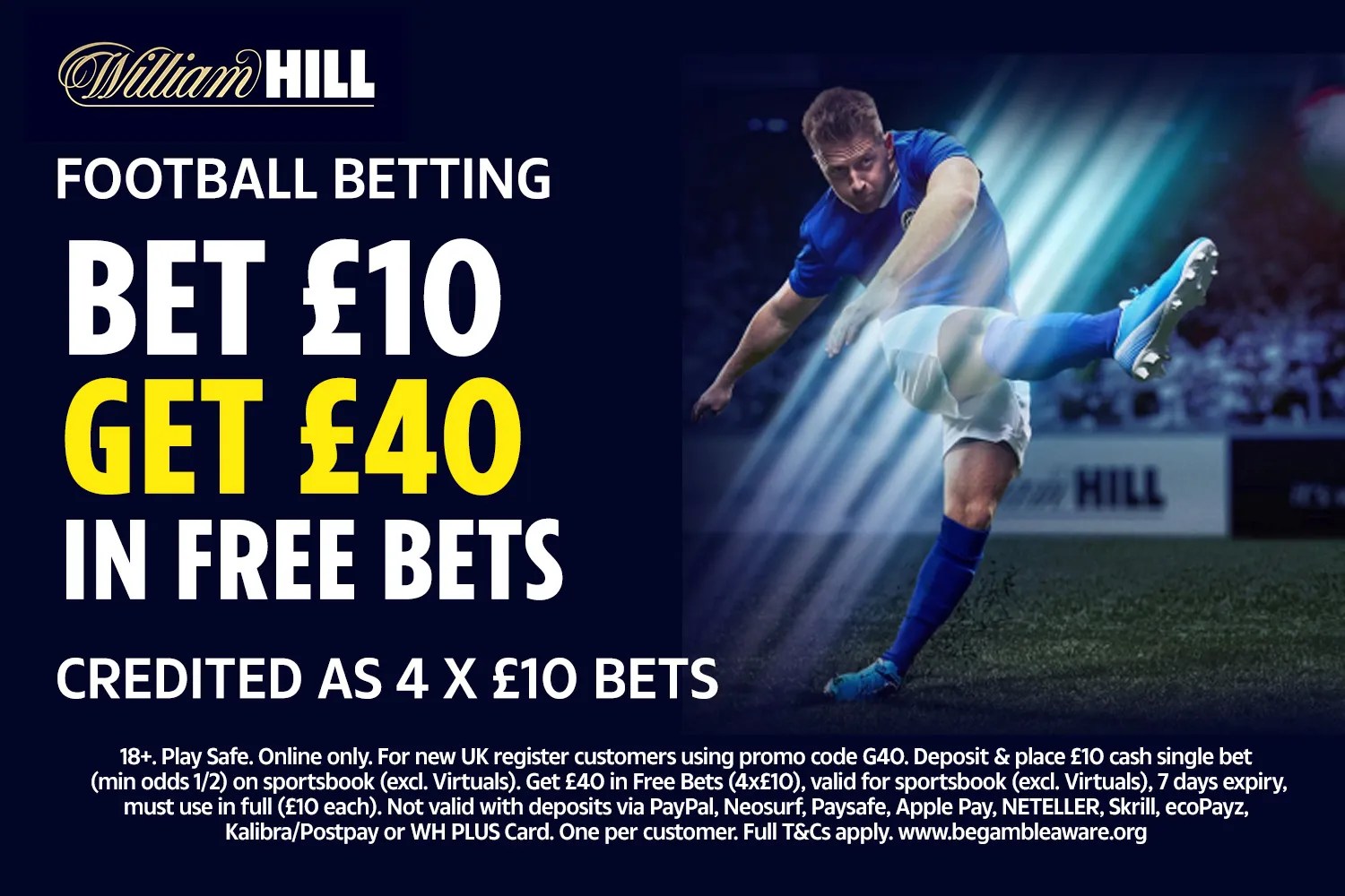 William Hill football betting offer: Bet £10, Get £40 in free bets, featuring a footballer kicking a ball.