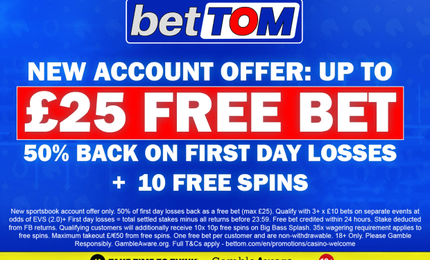 Get 50% of your first day losses back as free bet up to £25, plus 10 free spins at BetTom