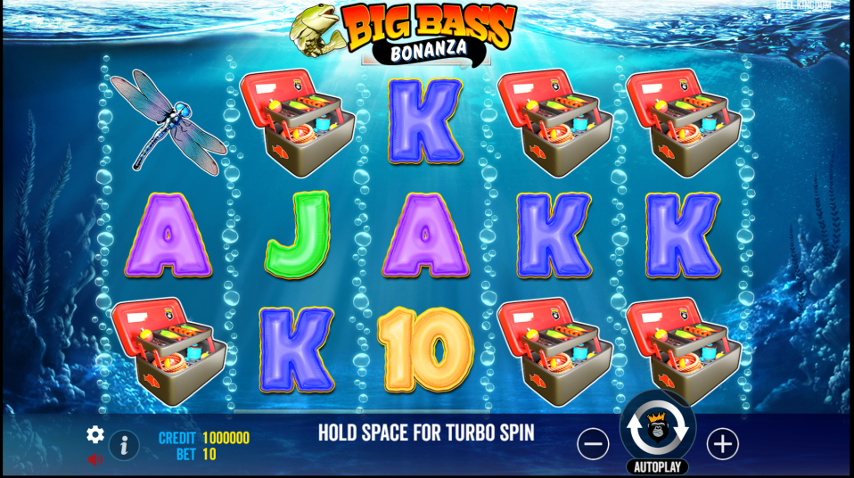 Big Bass Bonanza slot game screen showing letters and fishing tackle boxes.