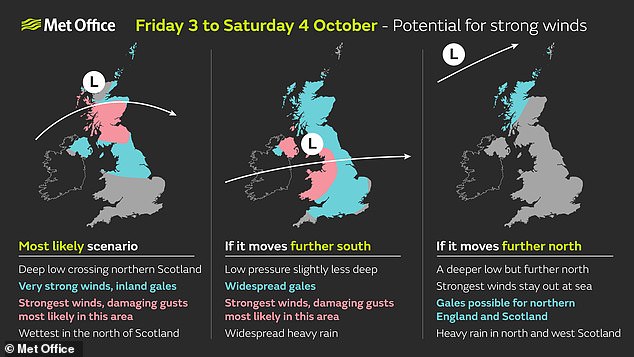 The Met Office has issued this graphic of the three most likely scenarios from Friday