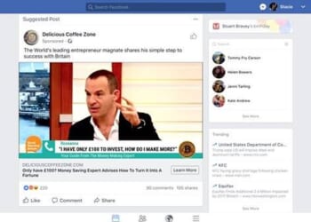 An example of a scam Facebook advert appearing to show Martin Lewis speaking to a caller on ITV's Good Morning Britain about investment opportunities for someone with £100