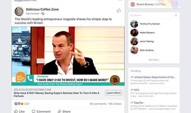An example of a scam Facebook advert appearing to show Martin Lewis speaking to a caller on ITV's Good Morning Britain about investment opportunities for someone with £100