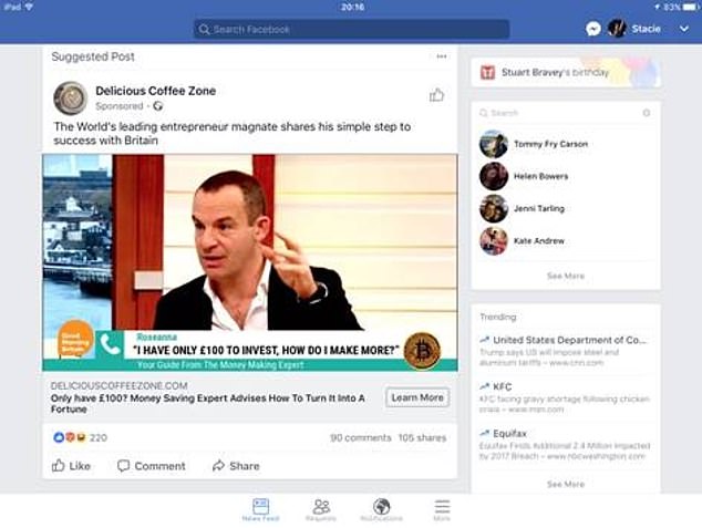 An example of a scam Facebook advert appearing to show Martin Lewis speaking to a caller on ITV's Good Morning Britain about investment opportunities for someone with £100