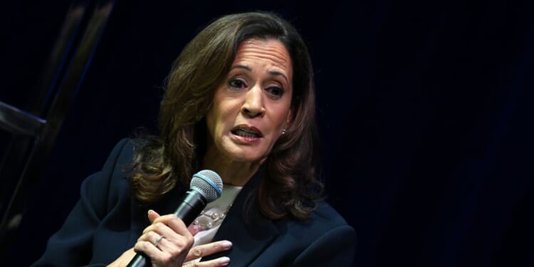 Former Vice President Kamala Harris speaks onstage during her book tour at Tabernacle in Atlanta, Georgia, on Oct. 8, 2025.