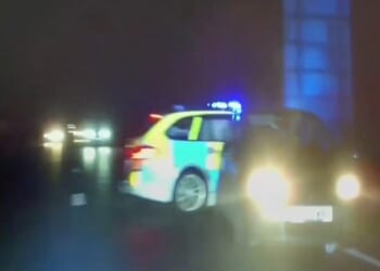 The officer gave chase after spotting Gazza Vinyard, 34, from Ipswich, Suffolk, travelling through the town at more than double the 30mph limit at around 10pm on September 9. Pictured: The 'tactical contact' used to eventually stop the driver