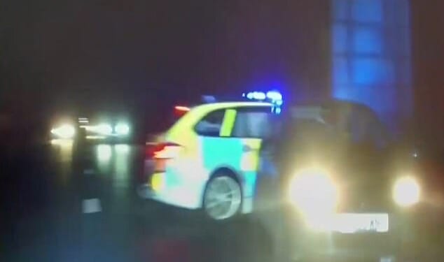 The officer gave chase after spotting Gazza Vinyard, 34, from Ipswich, Suffolk, travelling through the town at more than double the 30mph limit at around 10pm on September 9. Pictured: The 'tactical contact' used to eventually stop the driver