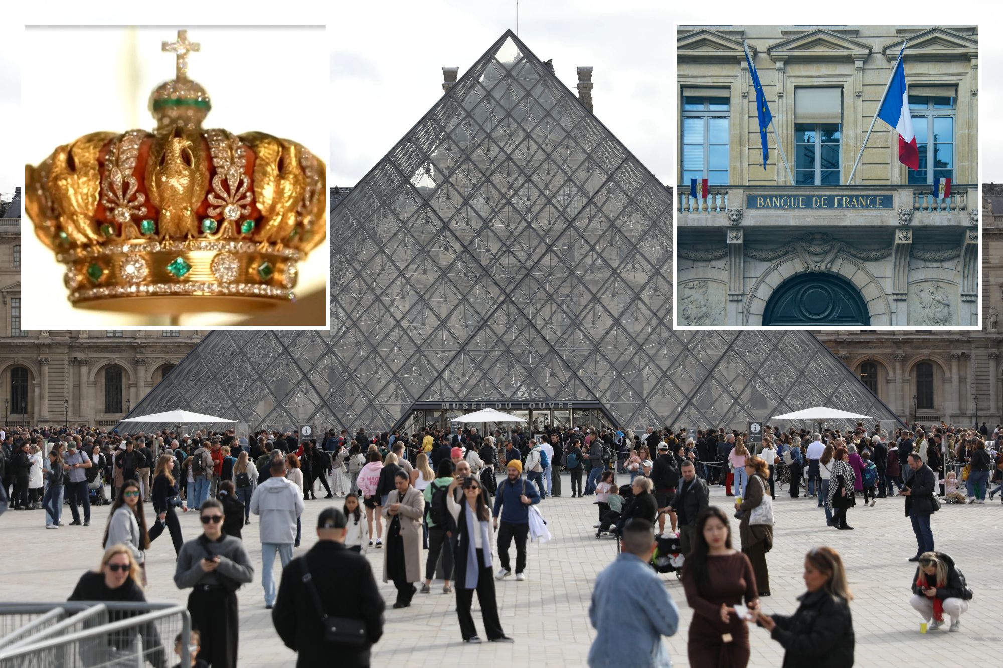 An image collage containing 3 images, Image 1 shows Louvre Museum reopens after $102M jewel heist, with investigation underway, Image 2 shows Facade of the Banque de France in Paris with French and European Union flags, Image 3 shows Facade of the Banque de France in Paris