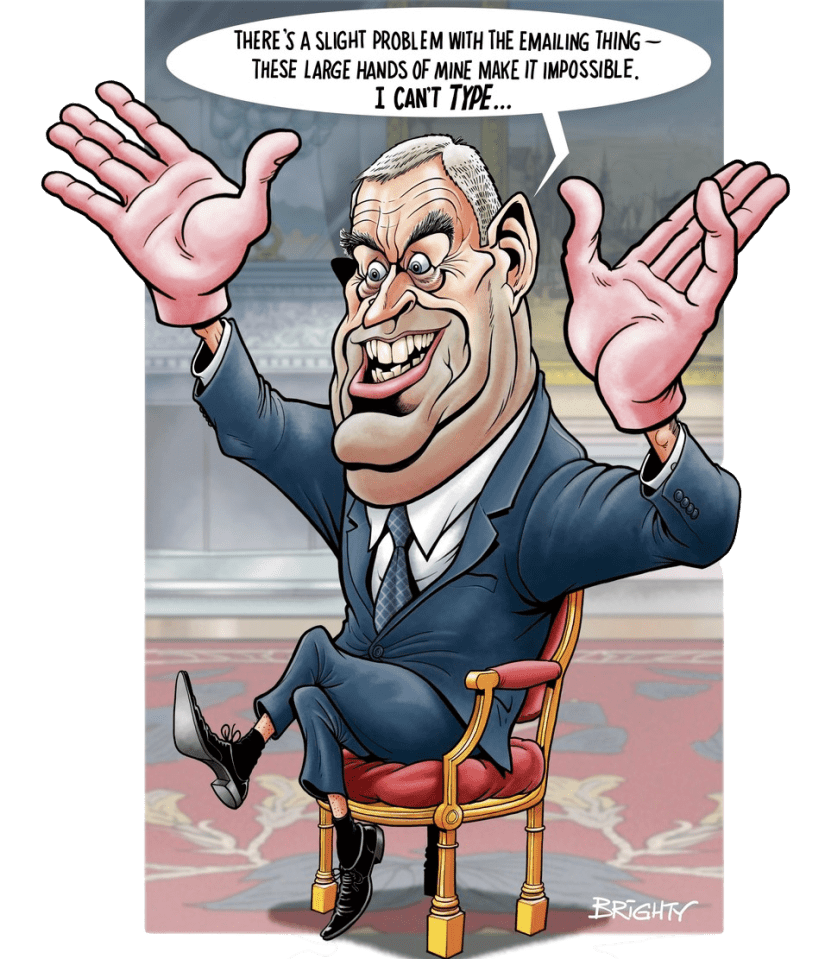 Illustration of a man in a suit with exaggerated large hands, stating "There's a slight problem with the emailing thing - these large hands of mine make it impossible. I can't type..."