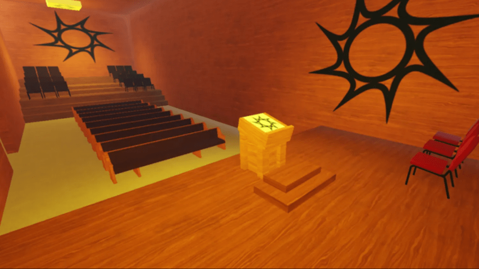 Illustration of a cult gathering space with benches, a podium, and a spiky sun-like symbol.