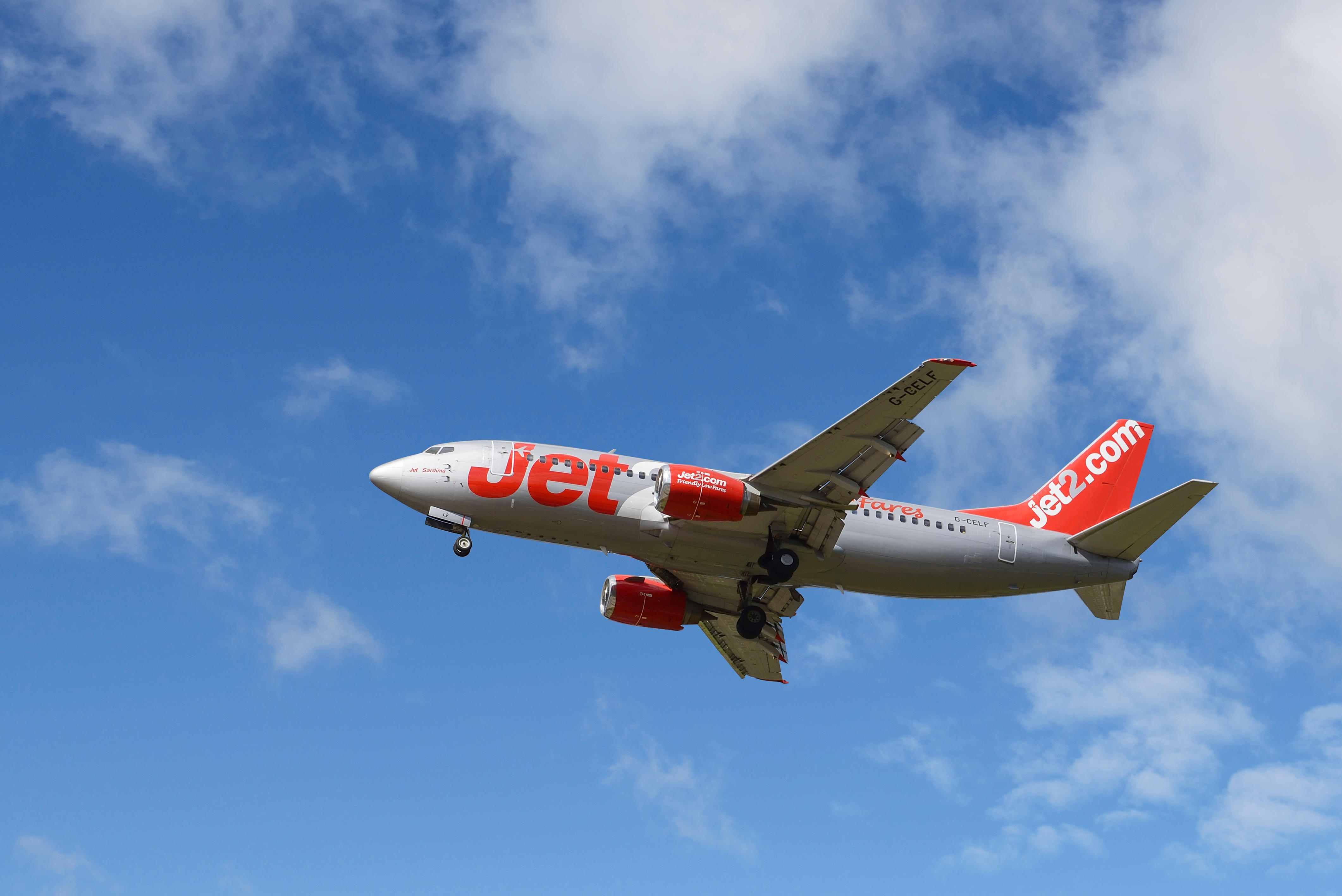 Jet2.com Boeing 737 aircraft on the final approach to Manchester Airport UK