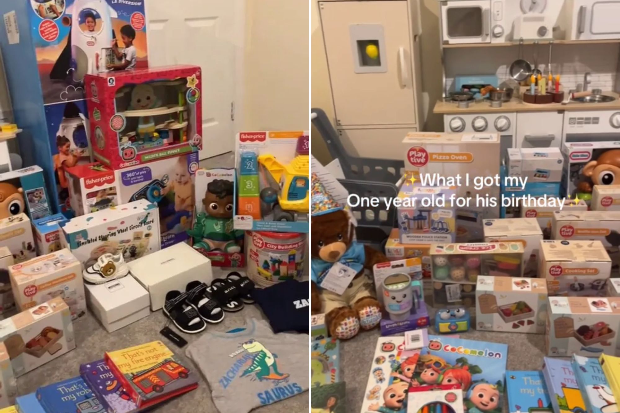 An image collage containing 2 images, Image 1 shows A large collection of new children's toys, clothing, shoes, and books on a carpeted floor, Image 2 shows Presents including a teddy bear, children's books, Playtive Pizza Oven, and other play kitchen items, displayed on the floor in front of a toy kitchen set