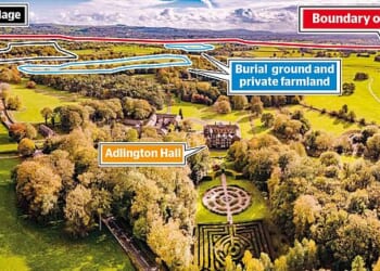 Adlington estate (pictured) in Cheshire, it has now emerged, has been earmarked as the site of an entire new town with up to 20,000 homes – infuriating locals