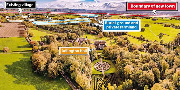 Adlington estate (pictured) in Cheshire, it has now emerged, has been earmarked as the site of an entire new town with up to 20,000 homes – infuriating locals