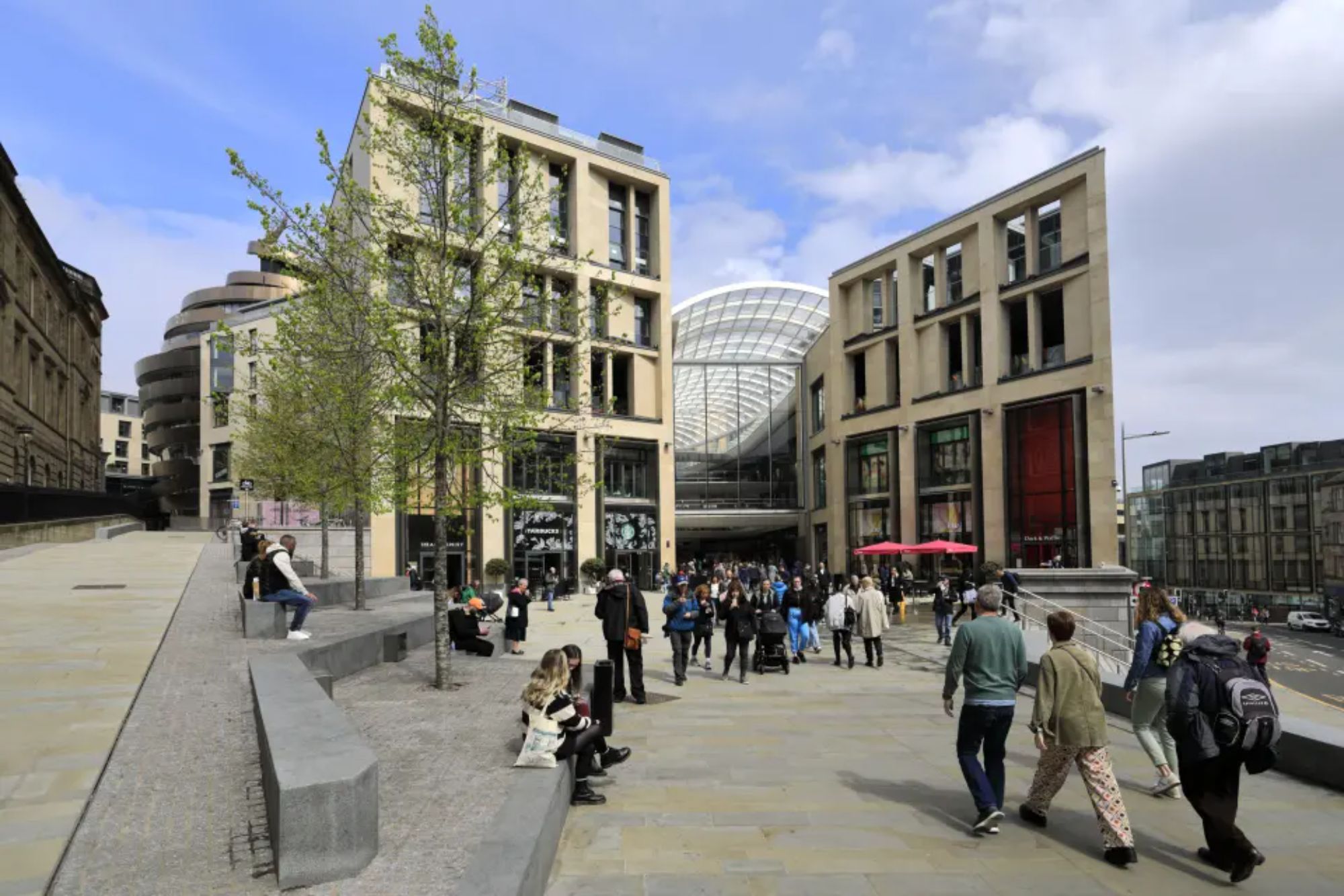 An image collage containing 1 images, Image 1 shows View over the St James Quarter, Edinburgh city, Scotland, UK