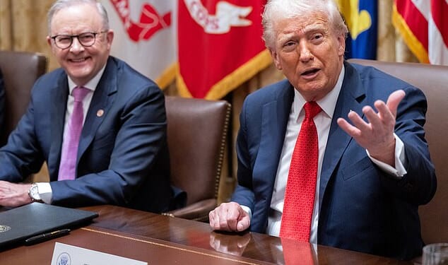 US President Donald Trump (R) speaks during a meeting with Australia's Prime Minister Anthony Albanese (L) in the Cabinet Room at the White House in Washington, DC, on October 20, 2025