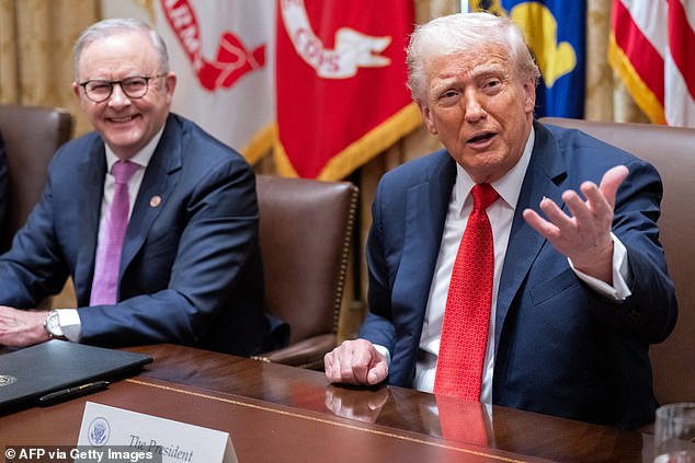 US President Donald Trump (R) speaks during a meeting with Australia's Prime Minister Anthony Albanese (L) in the Cabinet Room at the White House in Washington, DC, on October 20, 2025