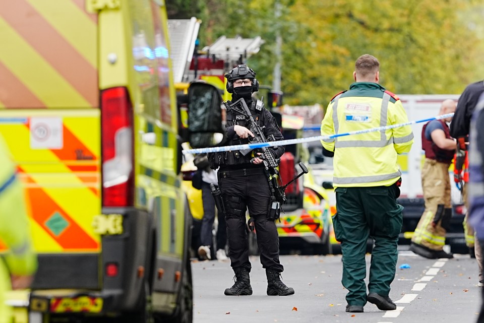 Armed police officer at the scene of an incident at Heaton Park Hebrew Congregation synagogue in Crumpsall, Manchester.