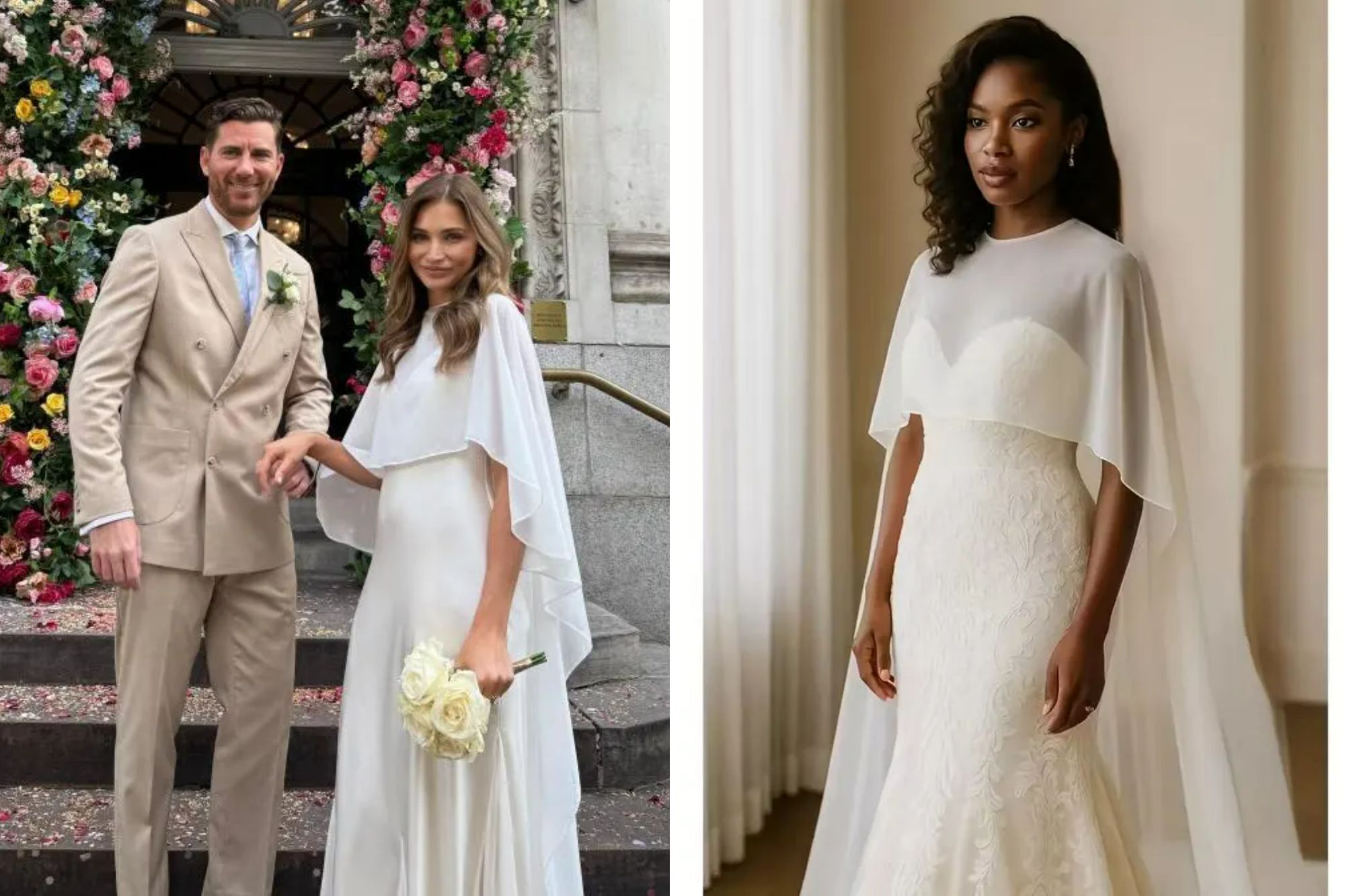 An image collage containing 2 images, Image 1 shows A bride in a white dress with a cape and a groom in a tan suit standing in front of an entrance decorated with a floral arch, Image 2 shows Woman modeling an elegant ivory bridal veil shawl with a semi-sheer heart-shaped design over a white wedding dress