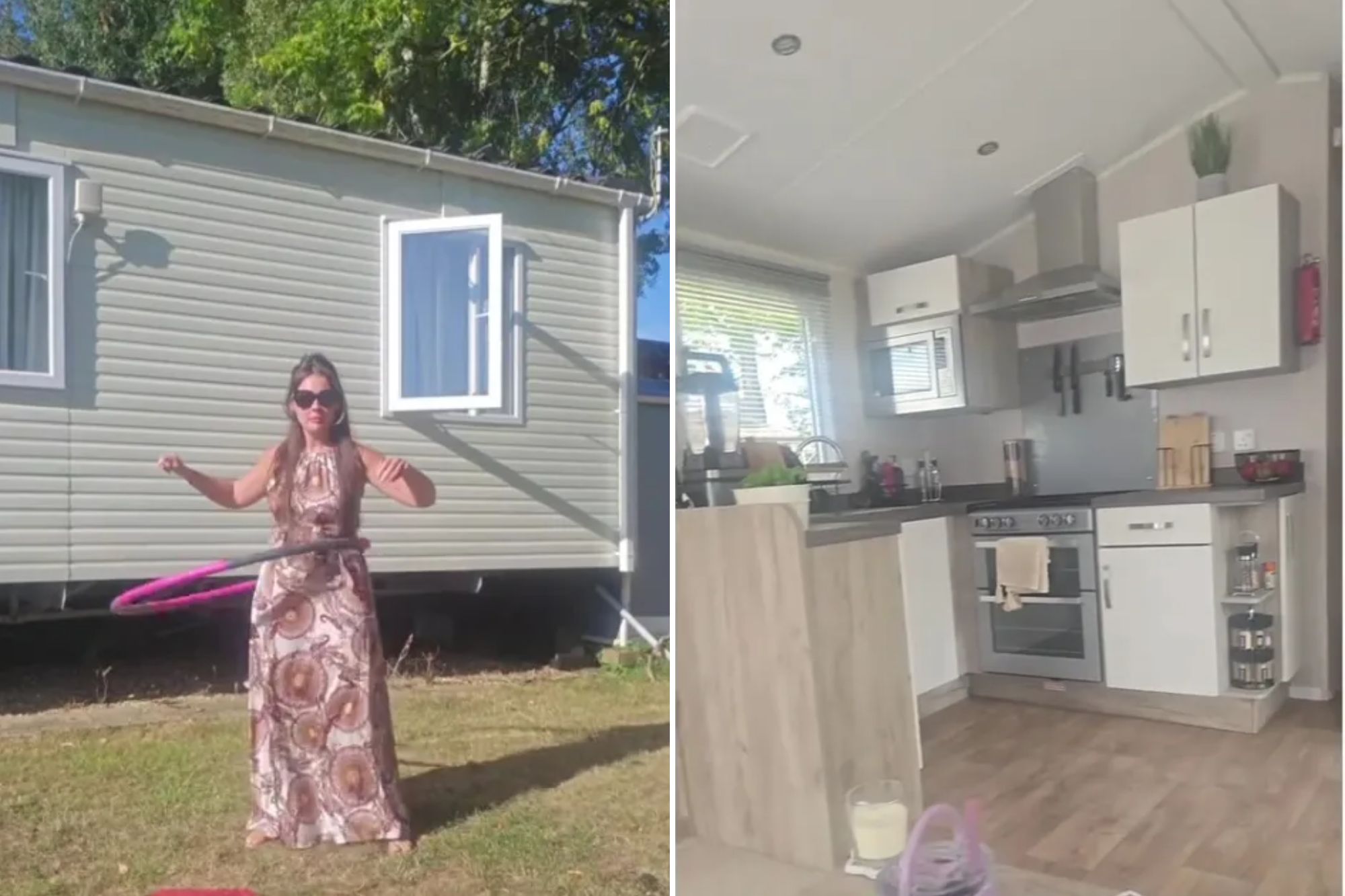 An image collage containing 2 images, Image 1 shows A woman hula-hoops in a yard in front of a caravan, Image 2 shows A modern kitchen in a caravan with a microwave, oven, and wood-look flooring