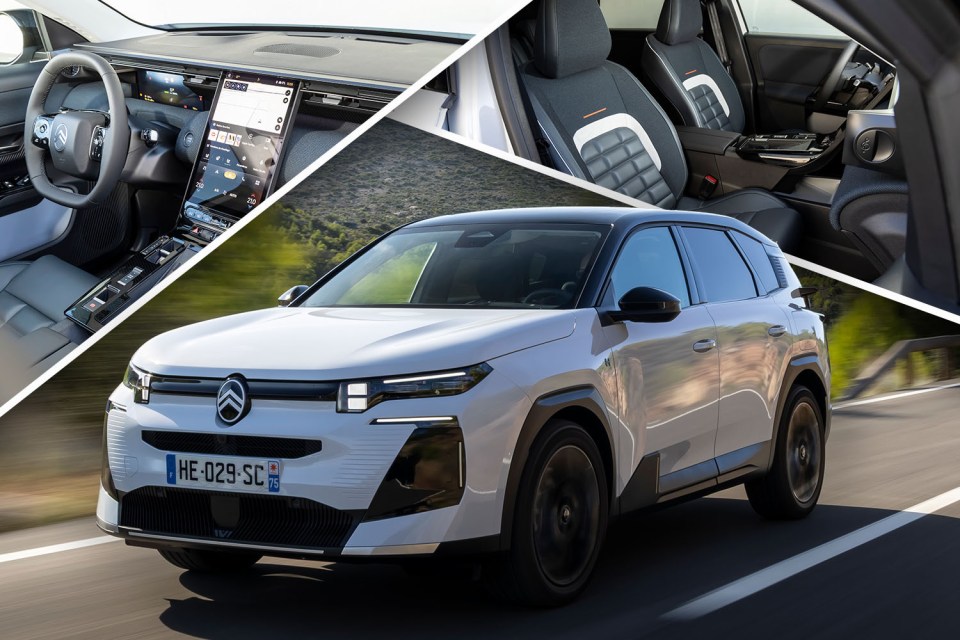Collage of a white Citroen C5 Aircross driving on a road, with inset images of its interior dashboard and front seats.