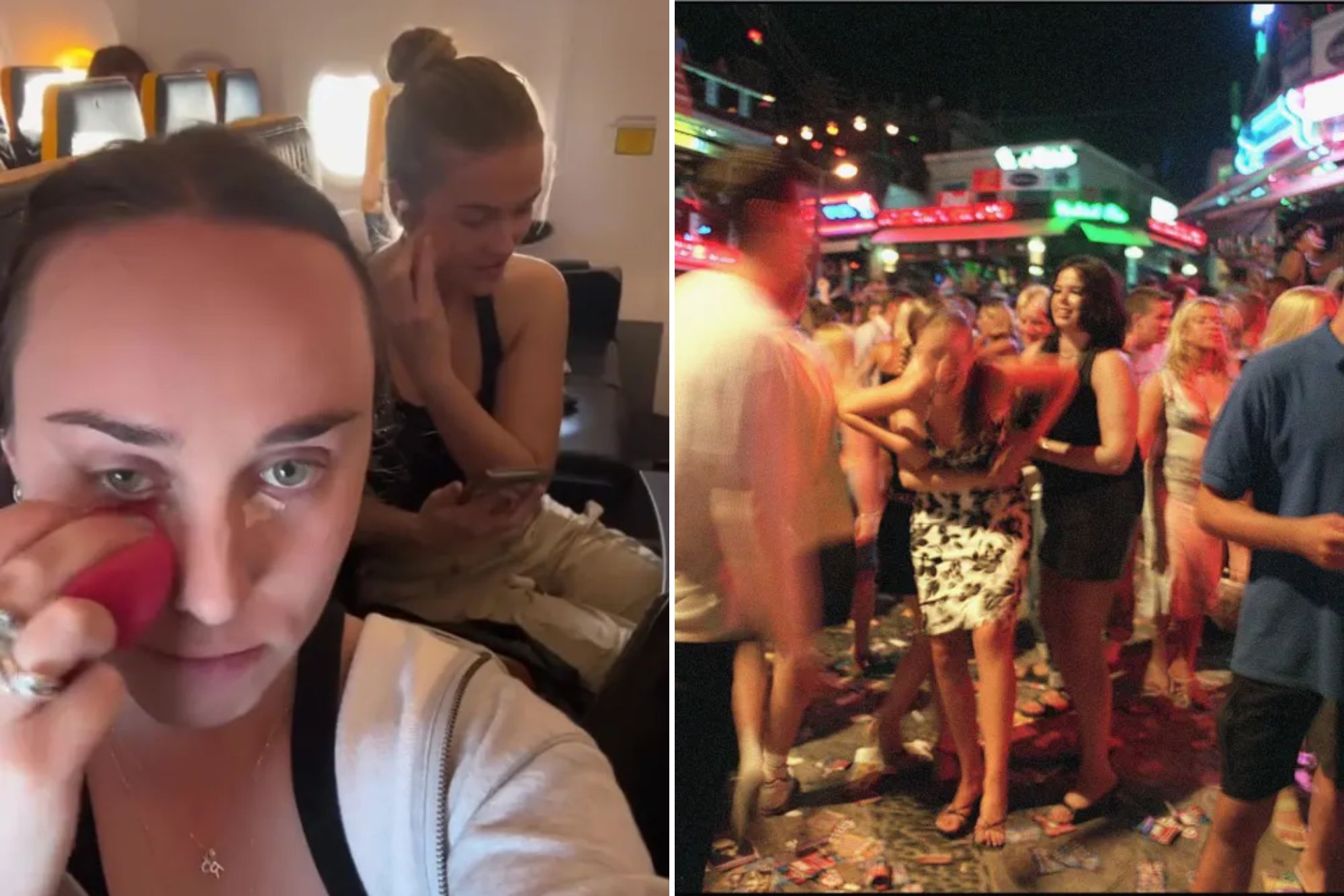 An image collage containing 2 images, Image 1 shows Two women on an airplane, one applying makeup and the other on her phone, Image 2 shows Tourists gather in the main square of Ayia Napa, Cyprus, at night