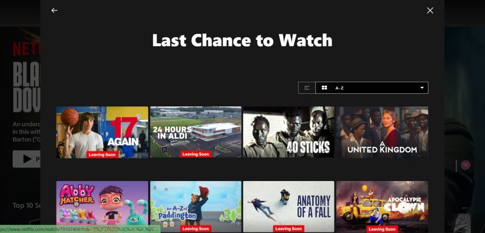 Netflix's "Last Chance to Watch" screen, showing titles like "17 Again," "24 Hours in Aldi," "40 Sticks," "A United Kingdom," "Abby Hatcher," "An A-Z of Paddington," "Anatomy of a Fall," and "Apocalypse Clown."