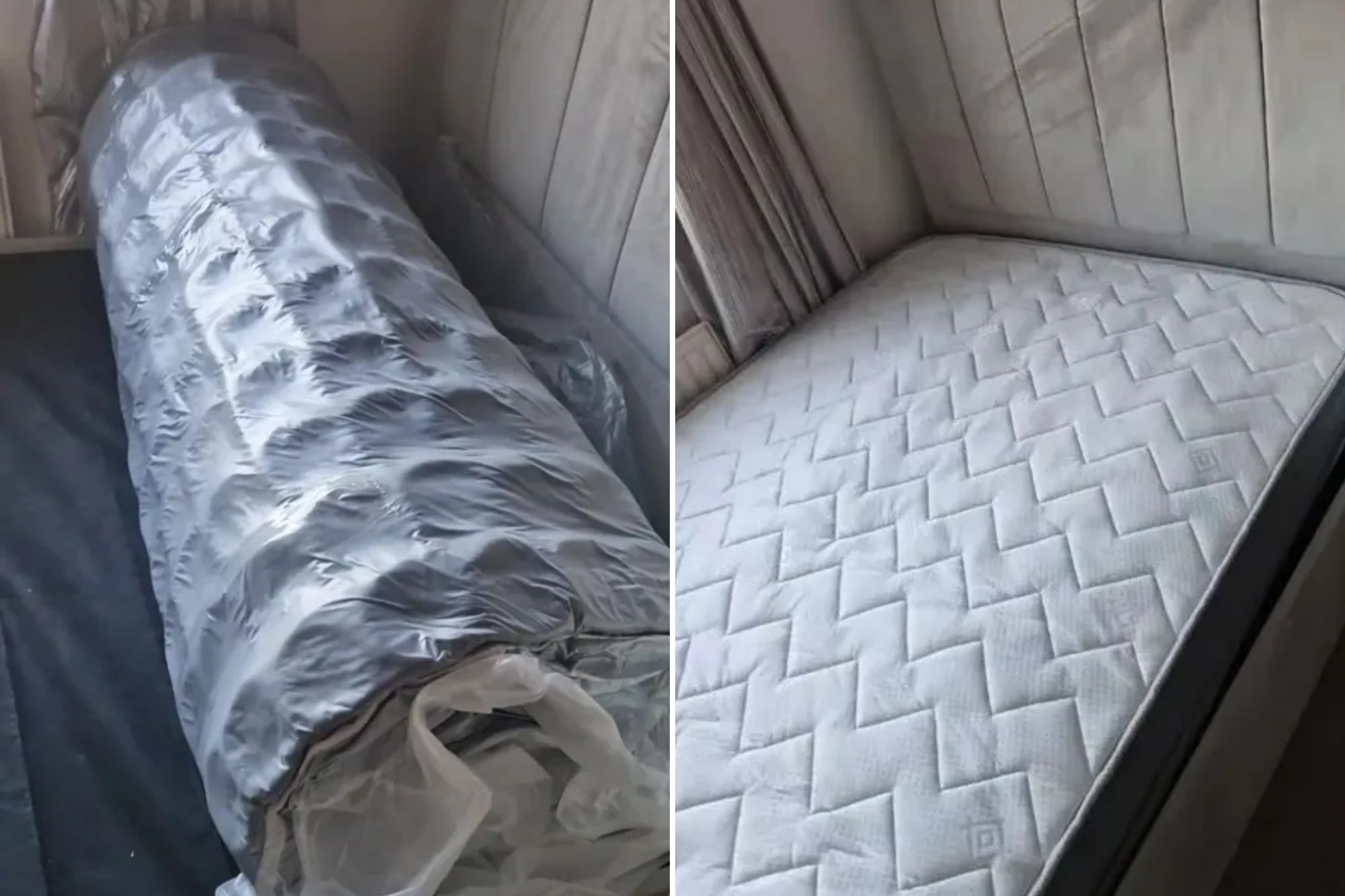 An image collage containing 2 images, Image 1 shows A rolled-up mattress in plastic packaging on a bed frame, Image 2 shows A mattress with a geometric quilted pattern on a bed with a gray upholstered headboard