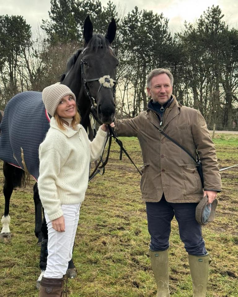 Geri Halliwell and Christian Horner posing with a horse.