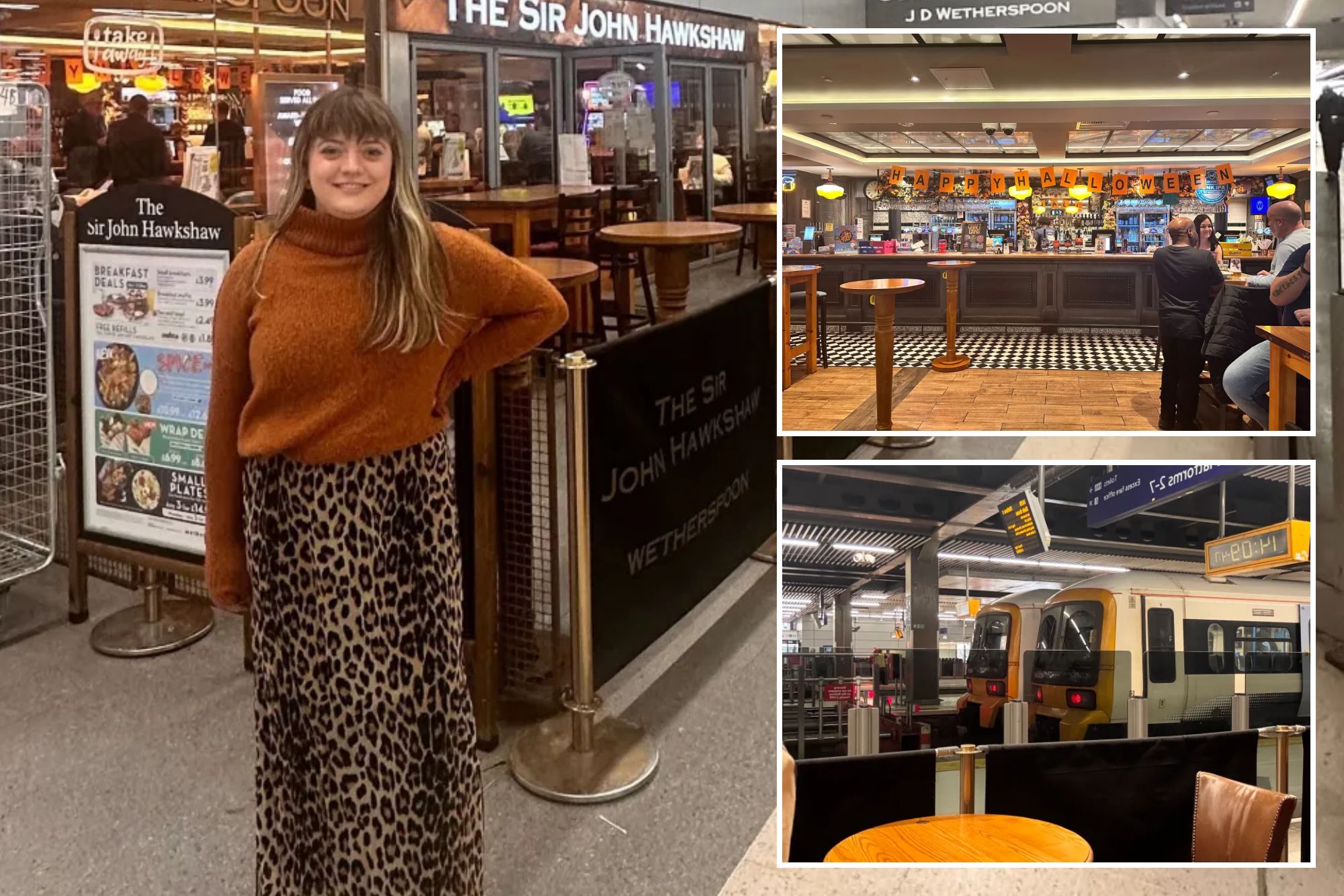 An image collage containing 3 images, Image 1 shows A woman stands in front of "The Sir John Hawkshaw" Wetherspoon pub, smiling, Image 2 shows A pub interior with a "Happy Halloween" banner, a long bar with drinks and decorations, and several patrons, Image 3 shows A wooden table and brown chair in the foreground of a train station platform with two trains stopped at the platform