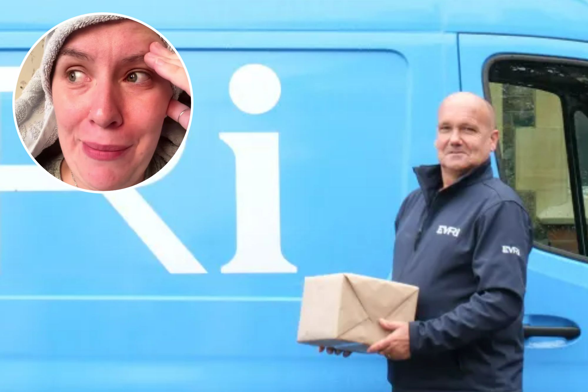 An image collage containing 2 images, Image 1 shows An Evri employee holds a parcel in front of a blue Evri electric delivery van, Image 2 shows A woman with a towel wrapped around her head has an embarrassed expression, looking to the side with her hand on her forehead