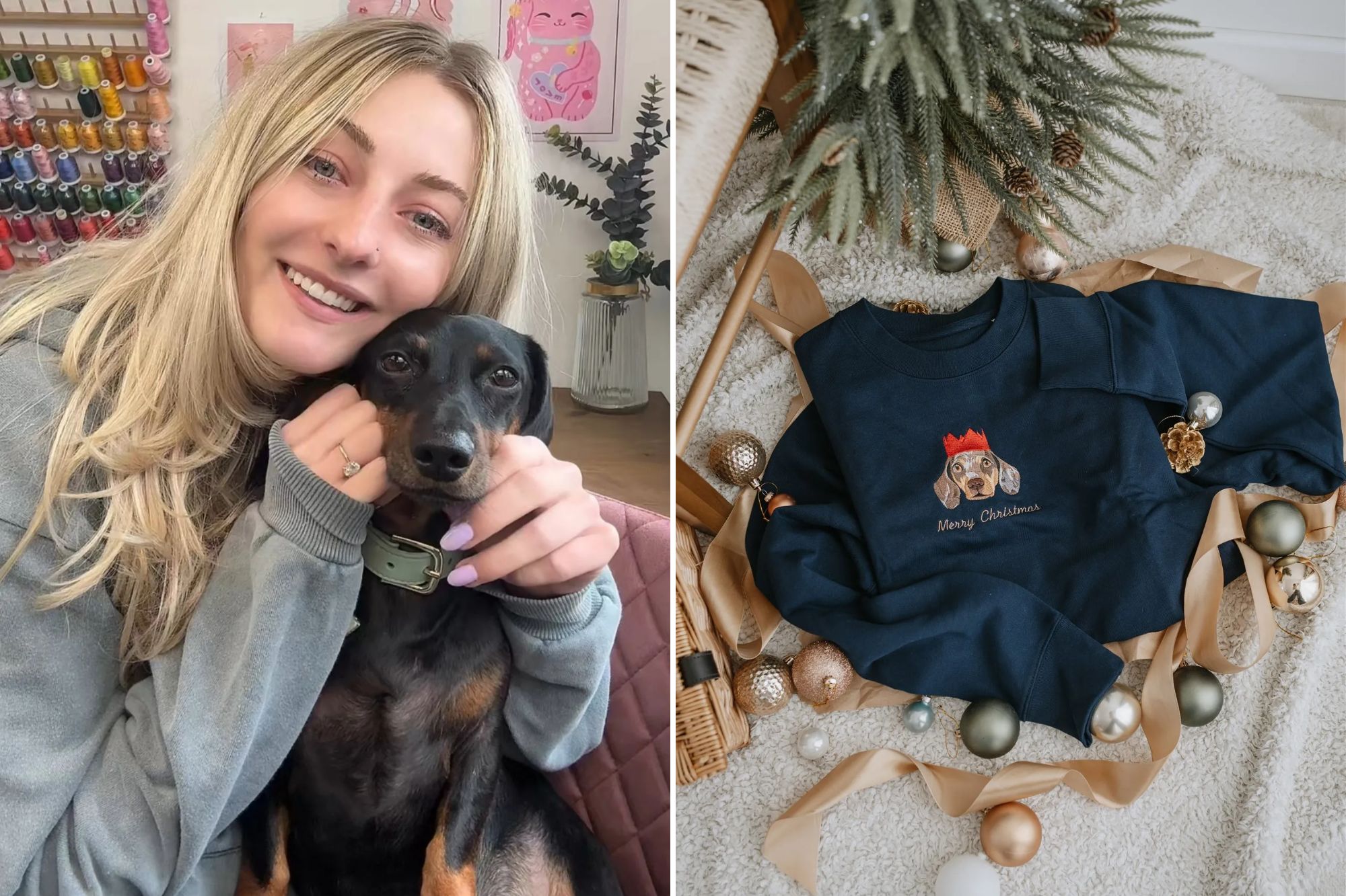 An image collage containing 2 images, Image 1 shows Lucy Bowes smiling while hugging her black and brown dachshund, Image 2 shows Navy blue sweatshirt with a printed dog wearing a crown and "Merry Christmas" text, surrounded by Christmas ornaments and ribbon