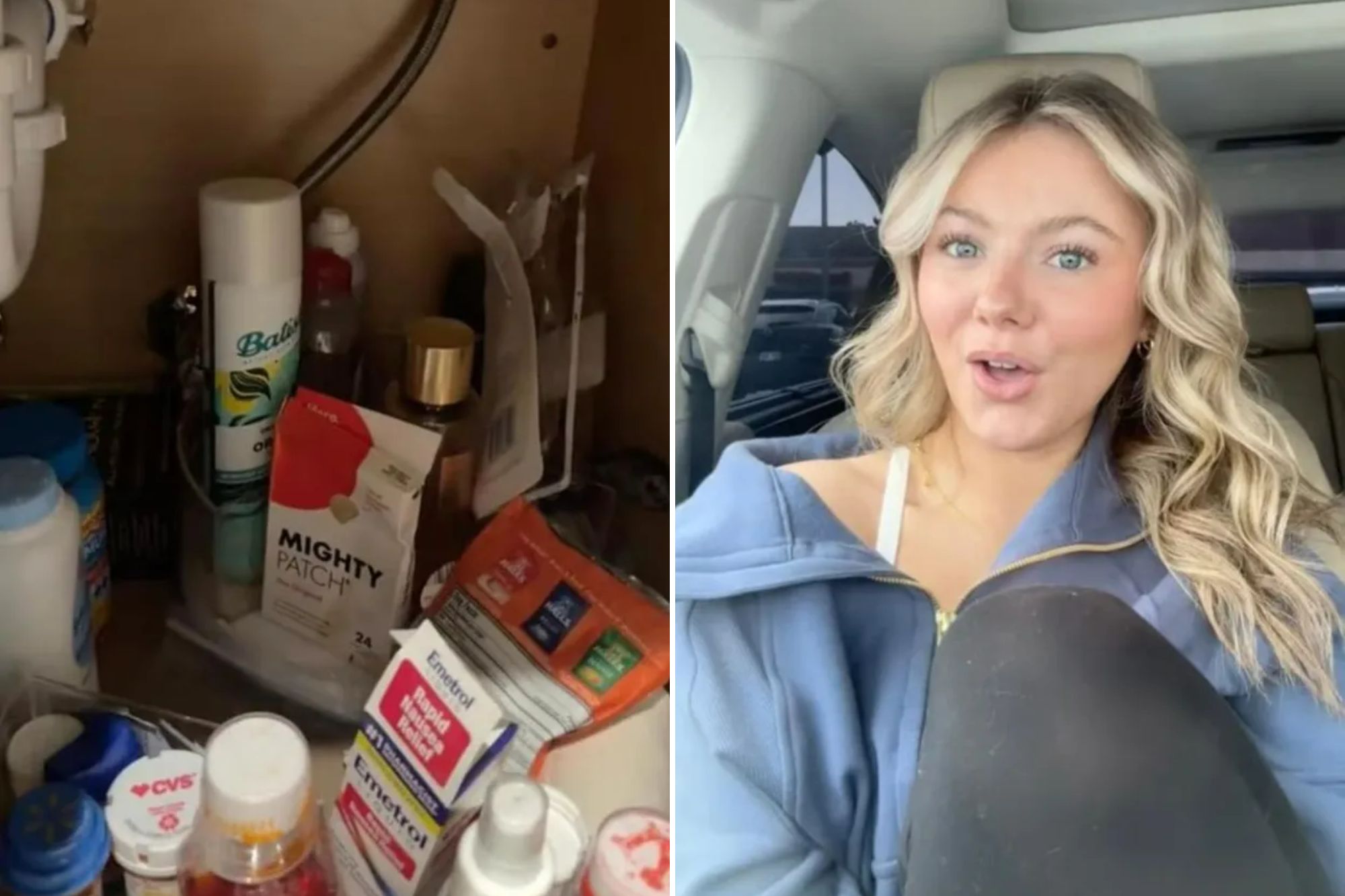 An image collage containing 2 images, Image 1 shows The inside of a bathroom cabinet filled with various toiletries and medicines, Image 2 shows A woman with long blonde hair and blue eyes, wearing a blue zipped top, looks at the camera