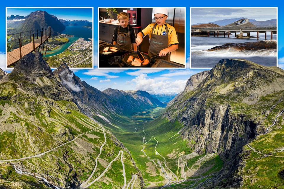 Collage of Norway featuring a fjord, two boys cooking salmon, a winding road, and a panoramic view of a mountain valley.