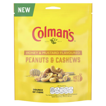 Colman's Honey & Mustard Flavoured Peanuts & Cashews packaging.