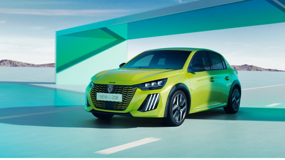 Peugeot E-208 electric vehicle in bright green, with the name "NEW E-208" on the front grille.