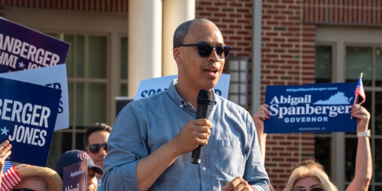 Jay Jones, who is running to become Virginia's attorney general in 2025, speaks to the audience during Abigail Spanberger's bus tour stop at Stacy C. Sherwood Community Center in Fairfax, Virginia, on June 26, 2025.